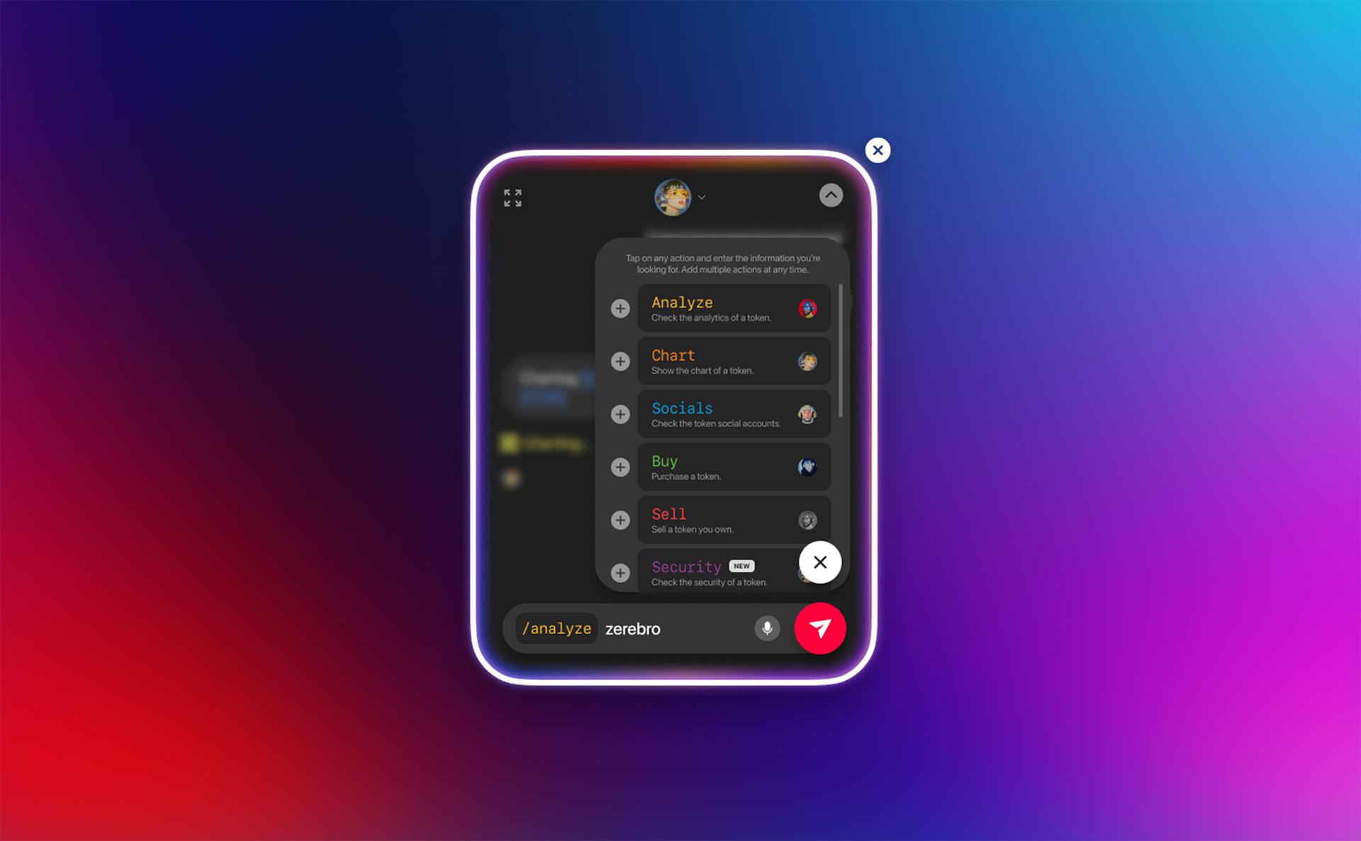 GUI with open actions panel